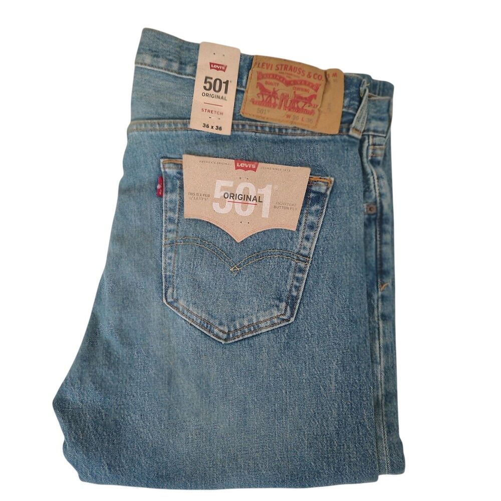 Levi's 501 36x36 Men's Blue Wash Stretch Straight Leg Button Fly Jeans Fact IR